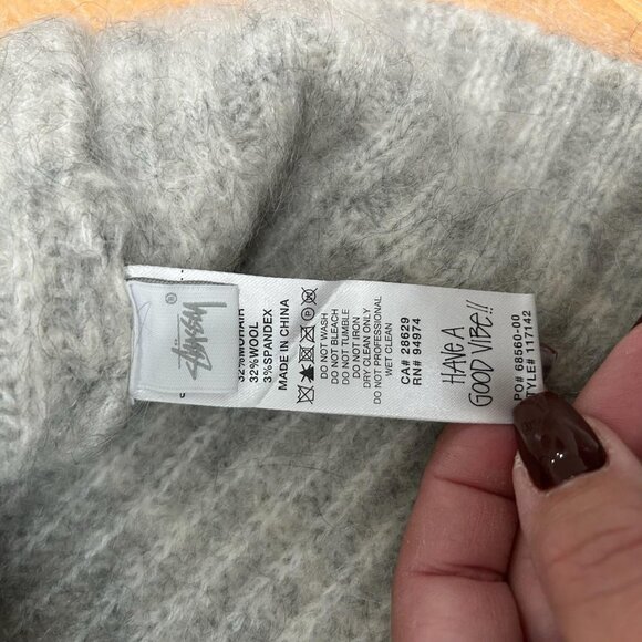 Stussy Tennis Sweater Mens L Gray V Neck Mohair Wool Blend Fuzzy Knit Ribbed - Picture 6 of 9